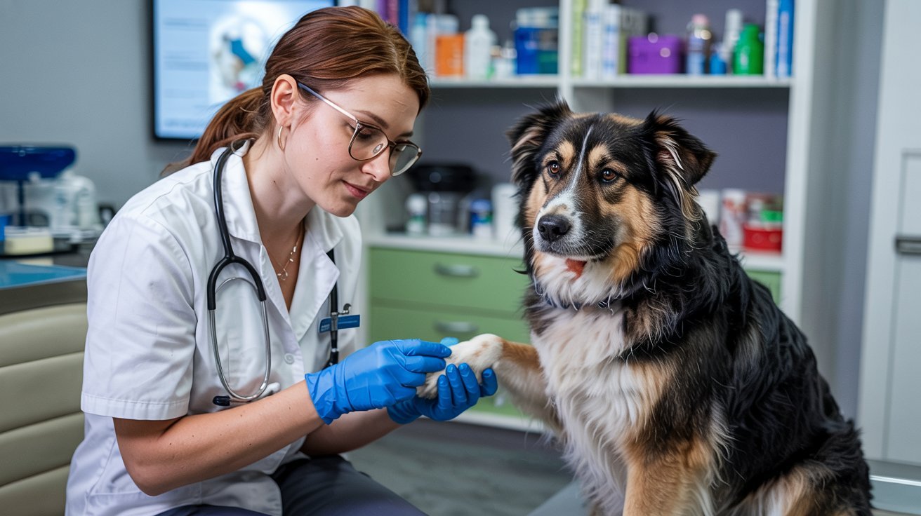 "Veterinarian examining a dog's paw in a clinic for signs of infection or irritation"