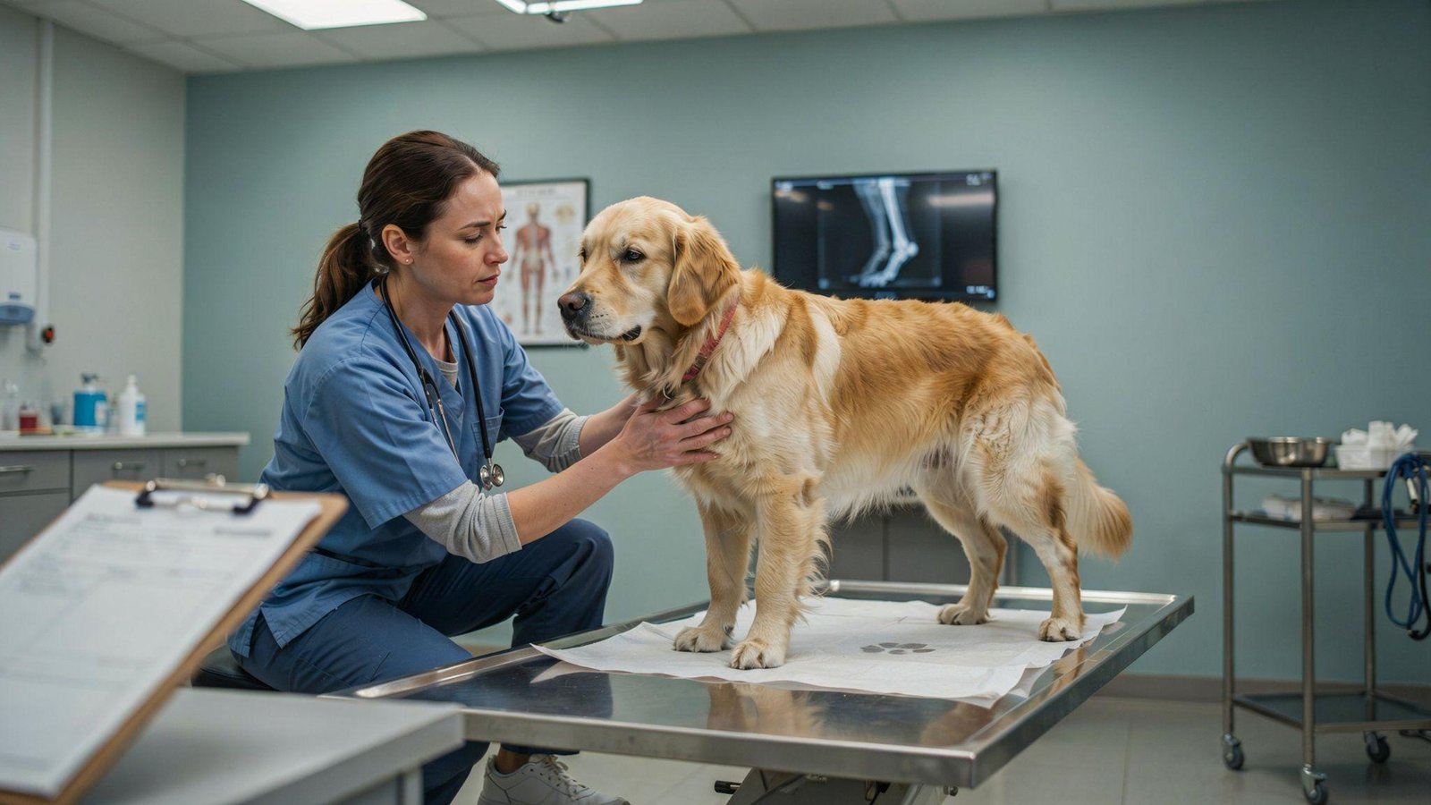 Veterinarian examining limping dog in clinic with diagnostic tools and X-ray equipment calm professional veterinary assessment scene