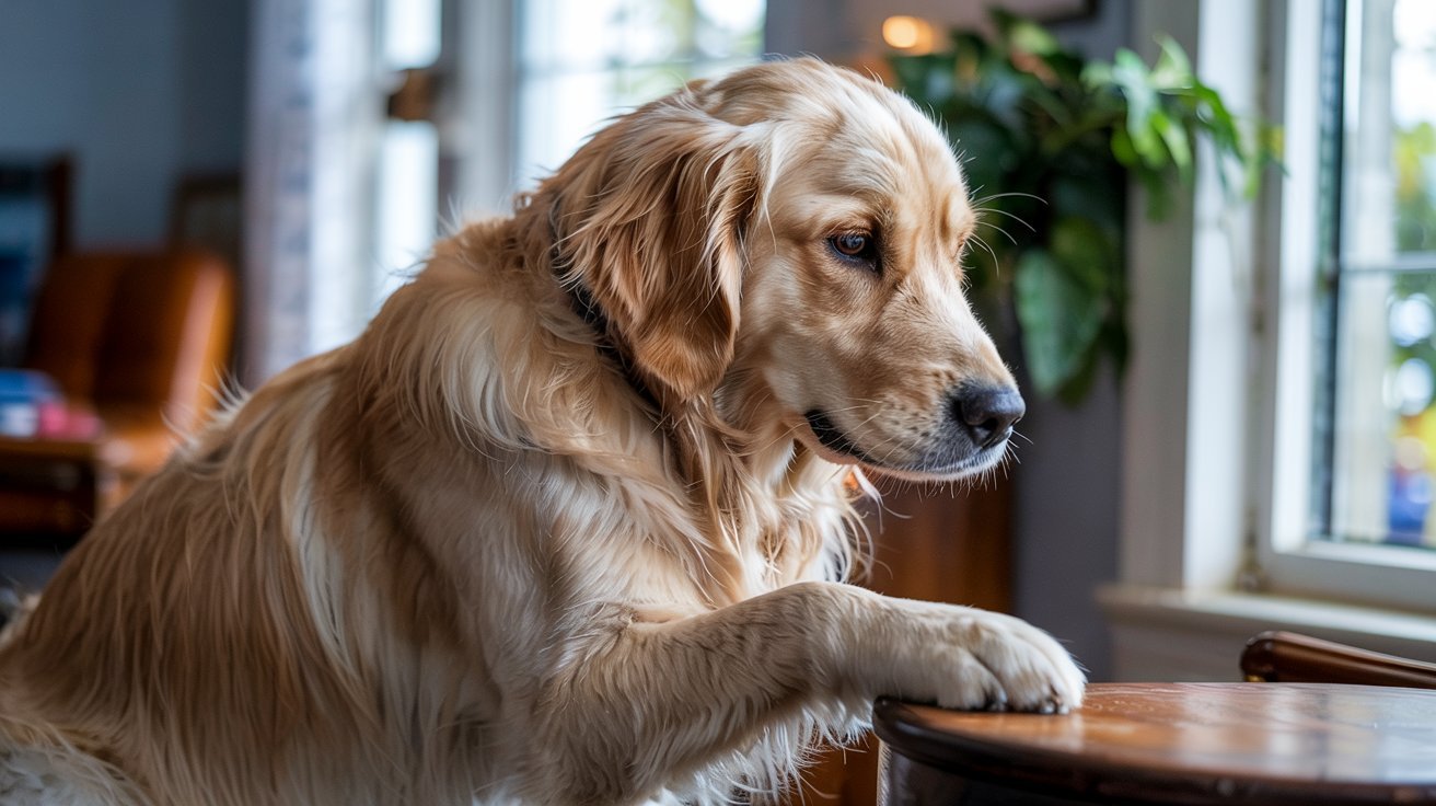 "Golden retriever focusing on its front paw indoors in a calm home setting"