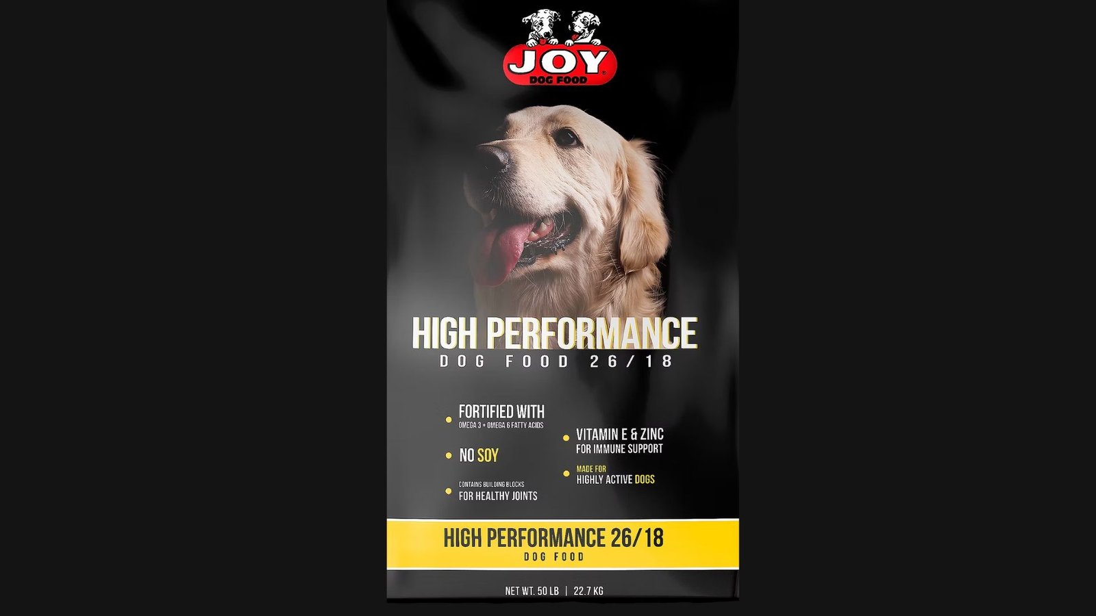 -"Joy High Performance 26/18 Dog Food bag for active dogs with golden retriever, no soy formula"