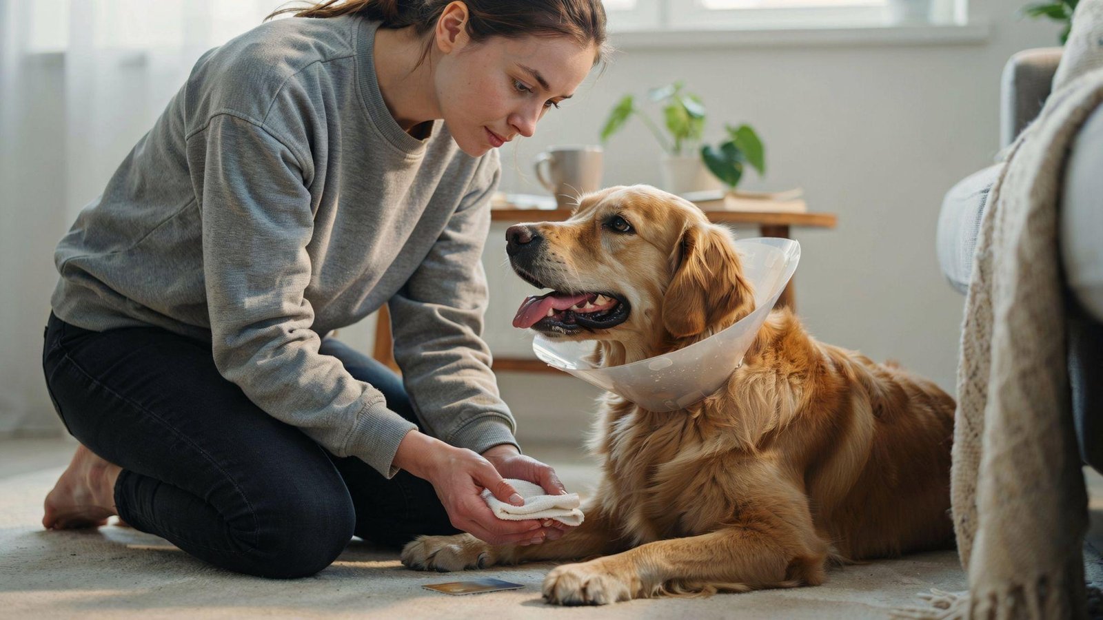 Pet owner applying cold compress to dog after bee sting while monitoring recovery