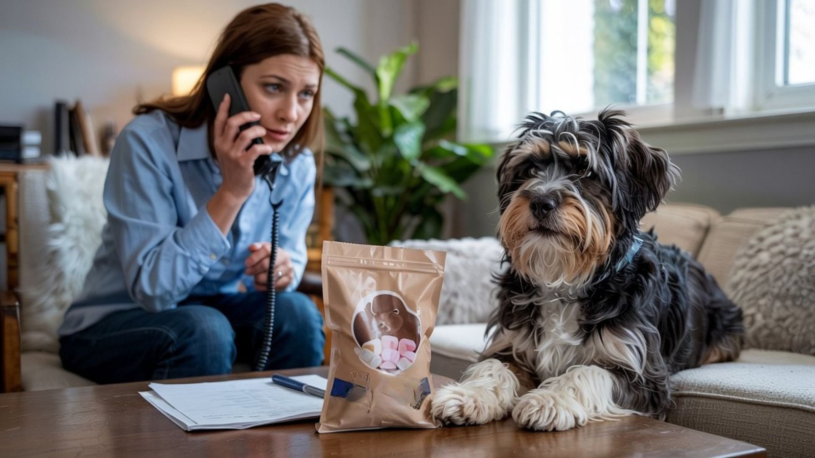 "Pet owner calling a vet after a dog eats marshmallows, with unbranded bag nearby for reference"