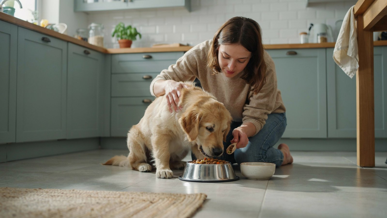 Puppy eating a healthy meal from its food bowl.