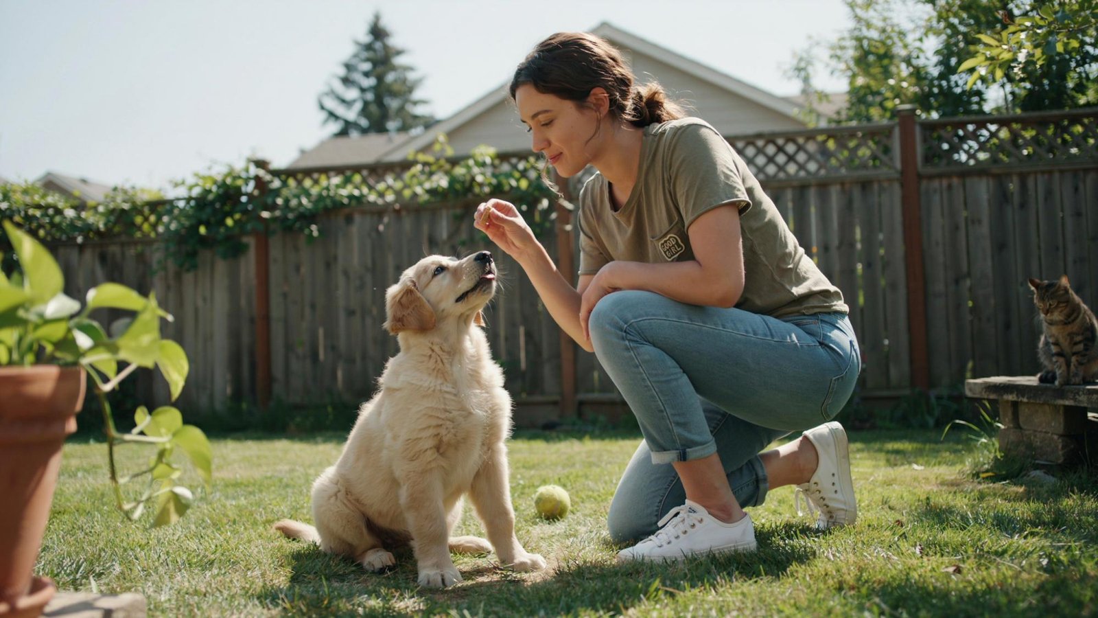 Puppy being rewarded during outdoor potty training.