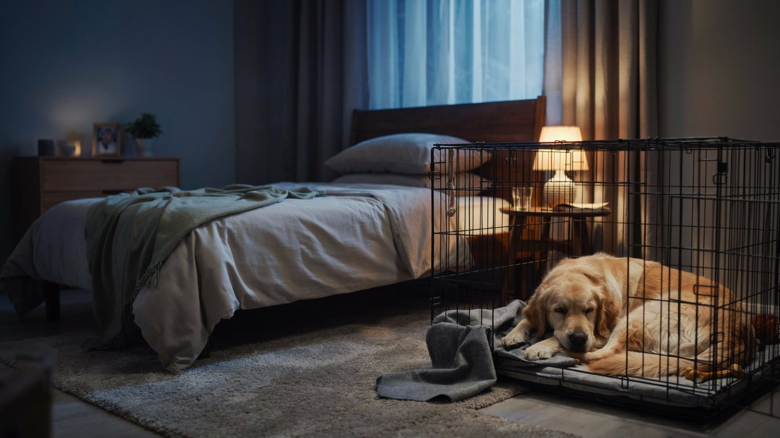 Puppy sleeping comfortably in a crate at night.