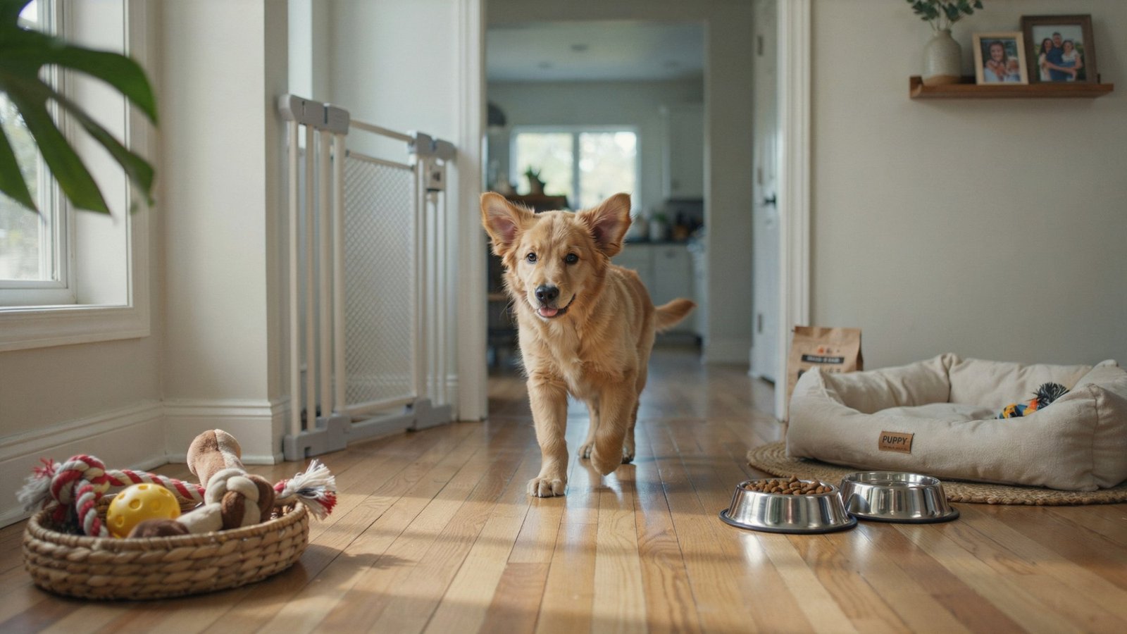 Puppy exploring a safe and puppy-proofed home.